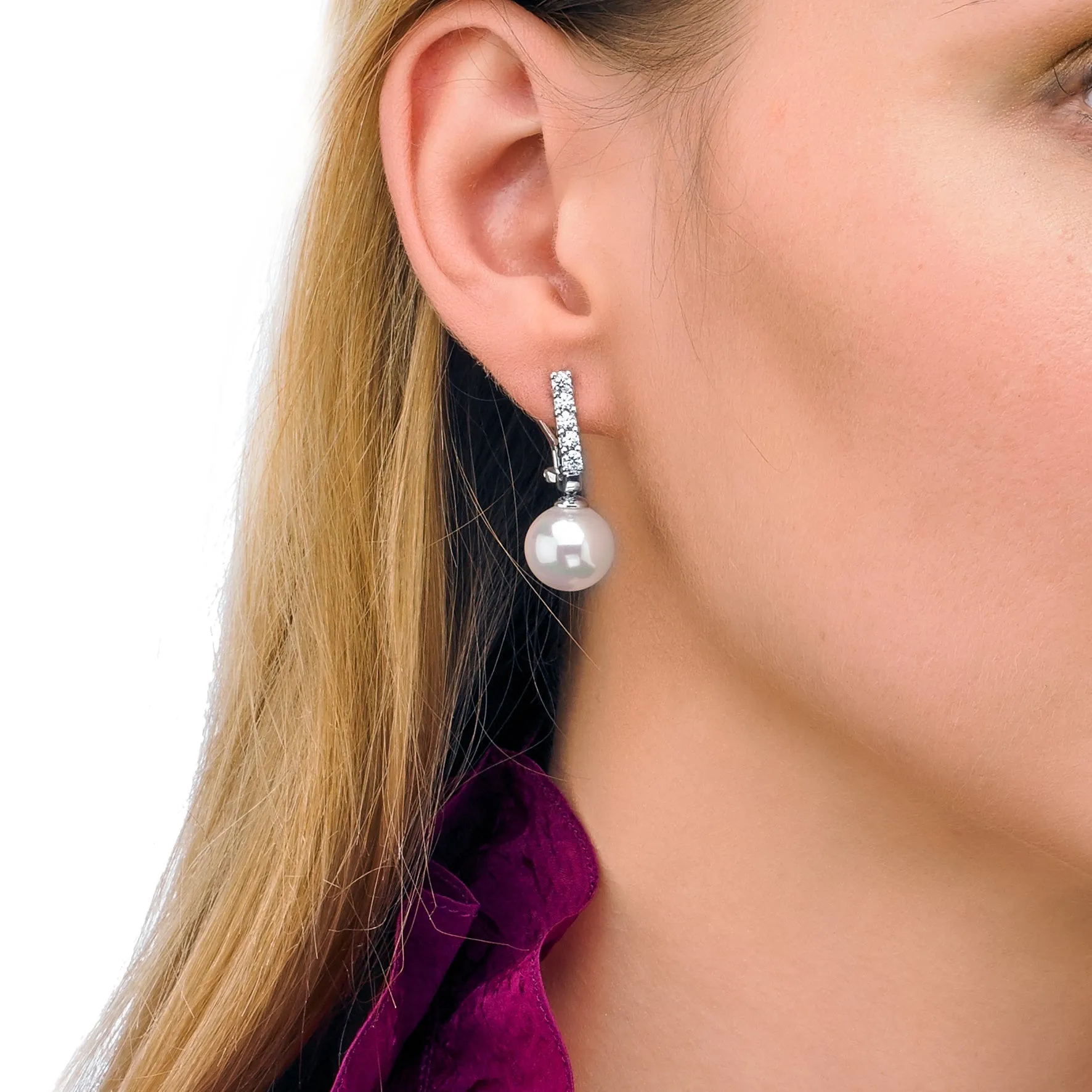 Sterling Silver Rhodium Plated Long Omega Earrings for Women with Post and Organic Pearl, 12mm Round White Pearl and Zircon, Lilit Collection