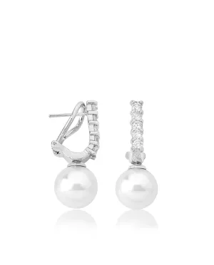 Sterling Silver Rhodium Plated Long Omega Earrings for Women with Post and Organic Pearl, 12mm Round White Pearl and Zircon, Lilit Collection