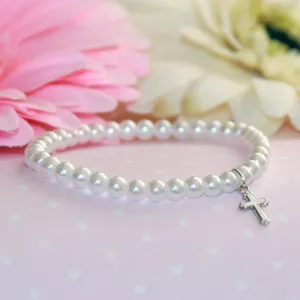 Stretchy 5" Glass Pearl Bracelet with Rhodium Cross