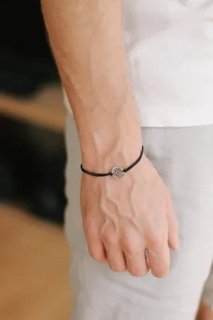 Sun bracelet for men, men's bracelet silver sun charm, black string, stainless steel, gift for him, Yoga bracelet