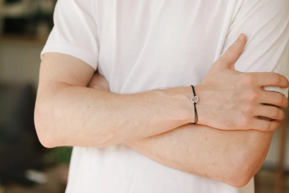 Sun bracelet for men, men's bracelet silver sun charm, black string, stainless steel, gift for him, Yoga bracelet