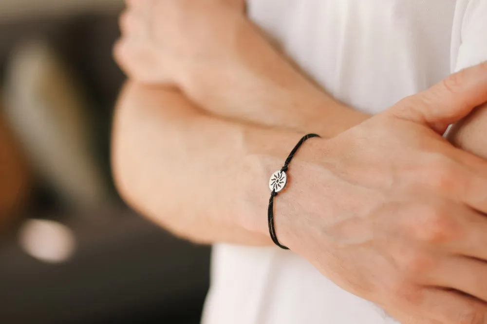 Sun bracelet for men, men's bracelet silver sun charm, black string, stainless steel, gift for him, Yoga bracelet