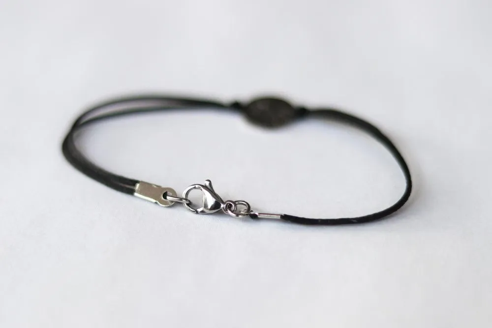 Sun bracelet for men, men's bracelet silver sun charm, black string, stainless steel, gift for him, Yoga bracelet