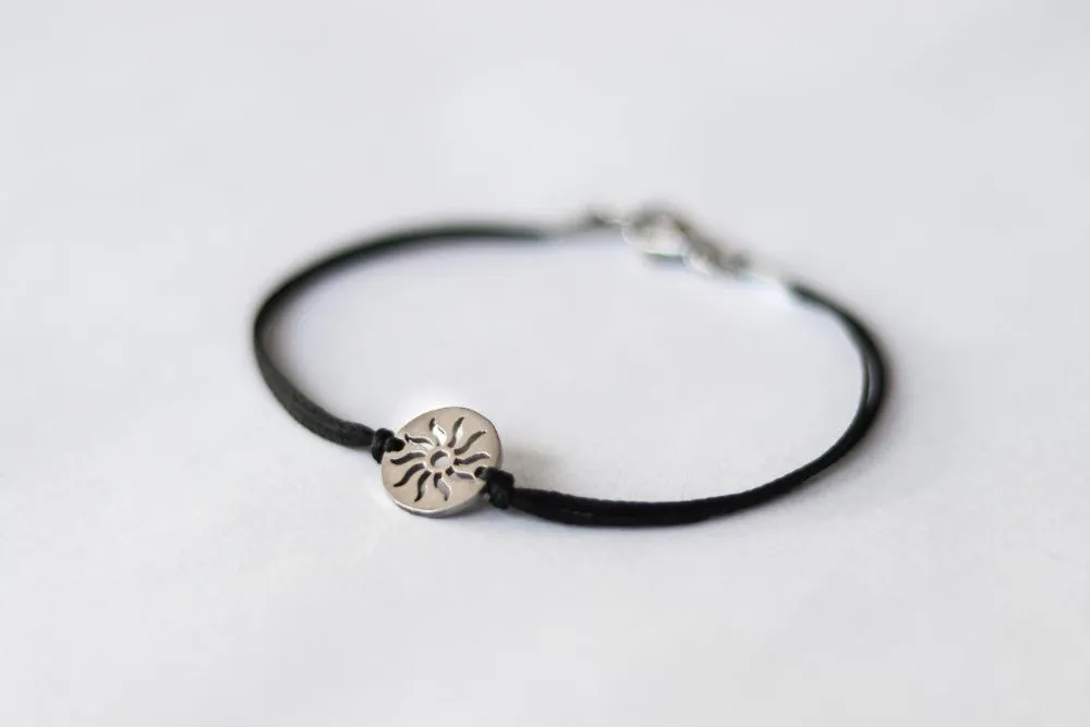 Sun bracelet for men, men's bracelet silver sun charm, black string, stainless steel, gift for him, Yoga bracelet