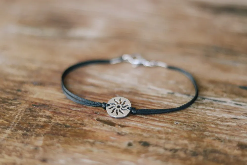 Sun bracelet for men, men's bracelet silver sun charm, black string, stainless steel, gift for him, Yoga bracelet