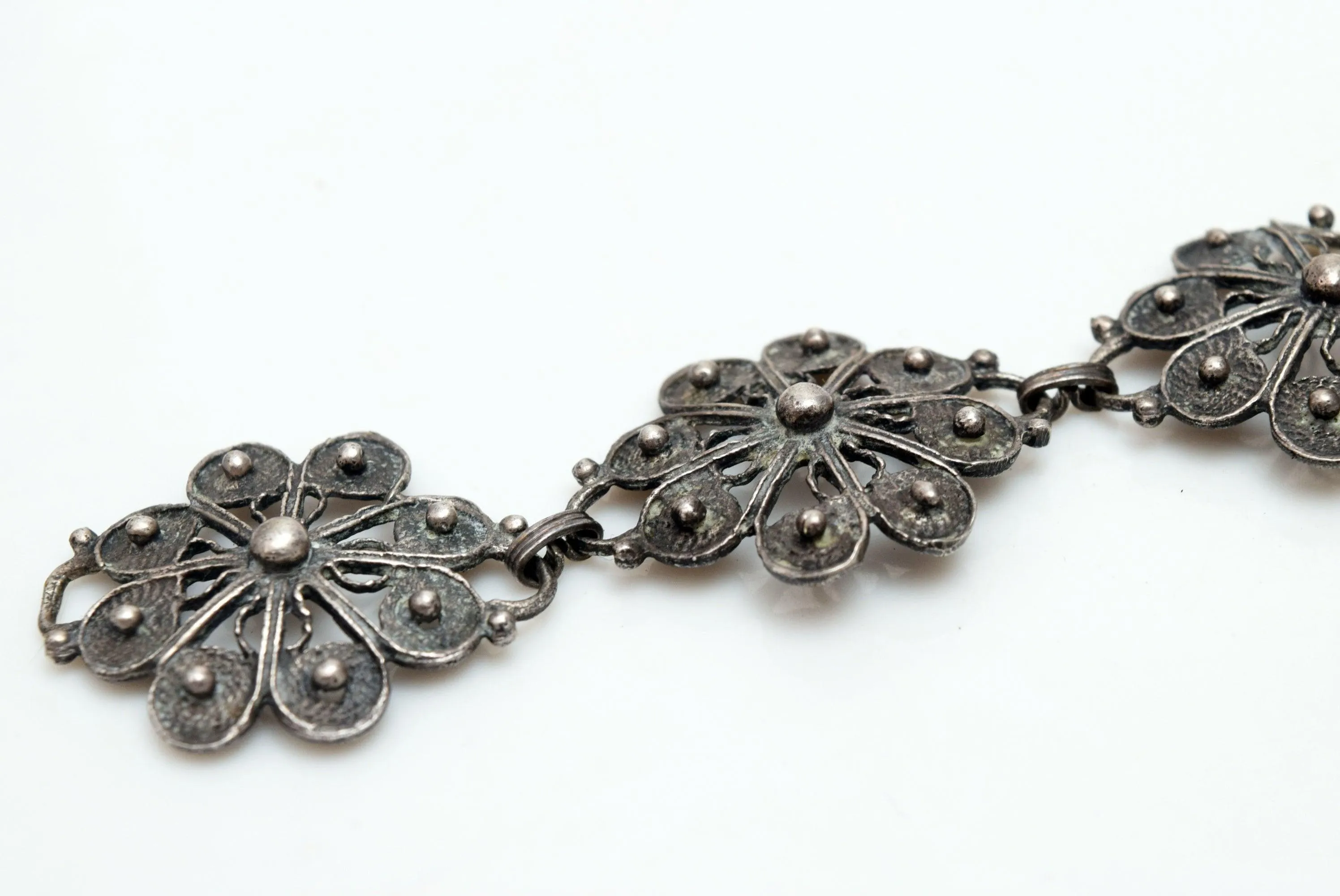 Vintage Mexican Silver Flower Link Bracelet
