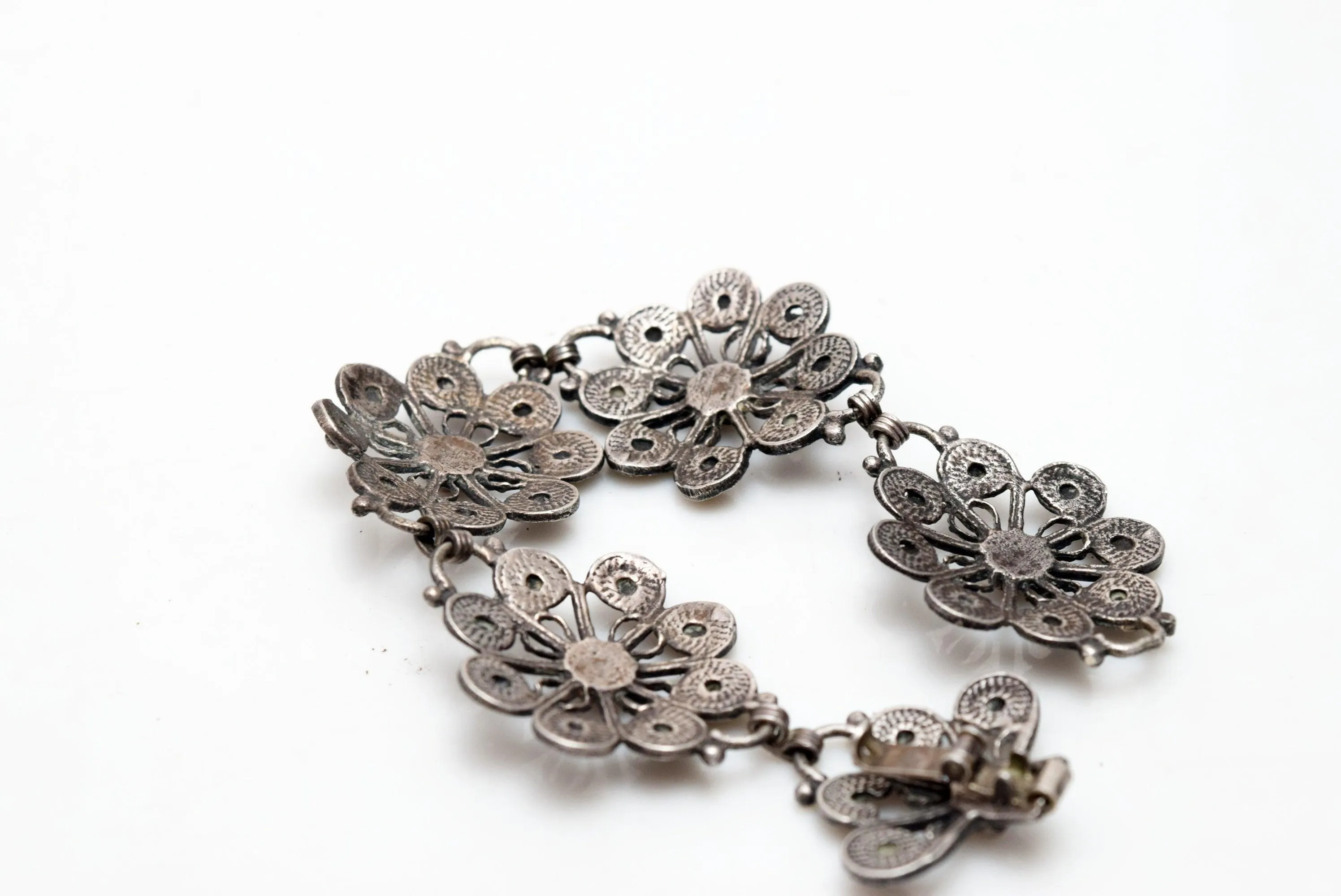 Vintage Mexican Silver Flower Link Bracelet