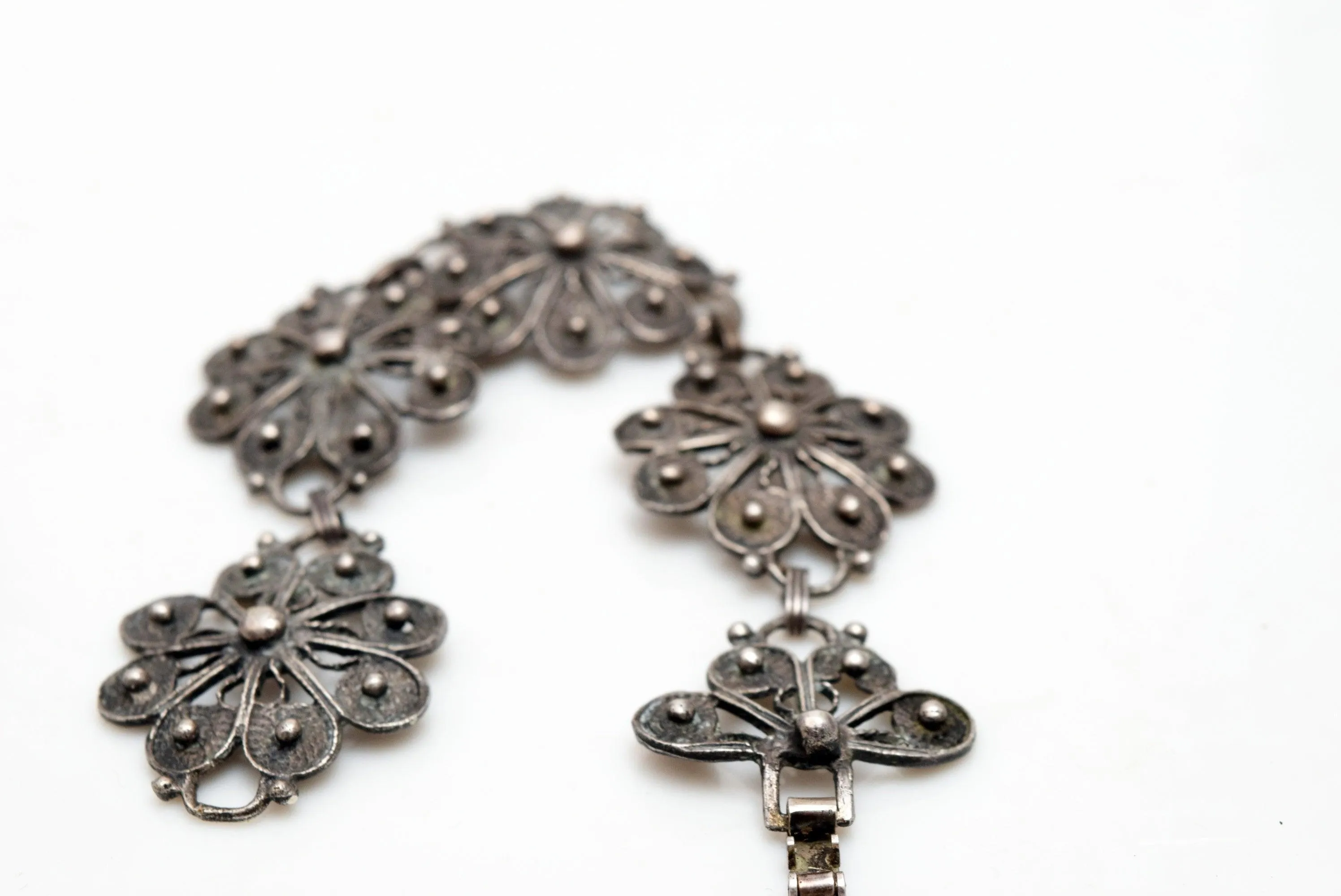 Vintage Mexican Silver Flower Link Bracelet