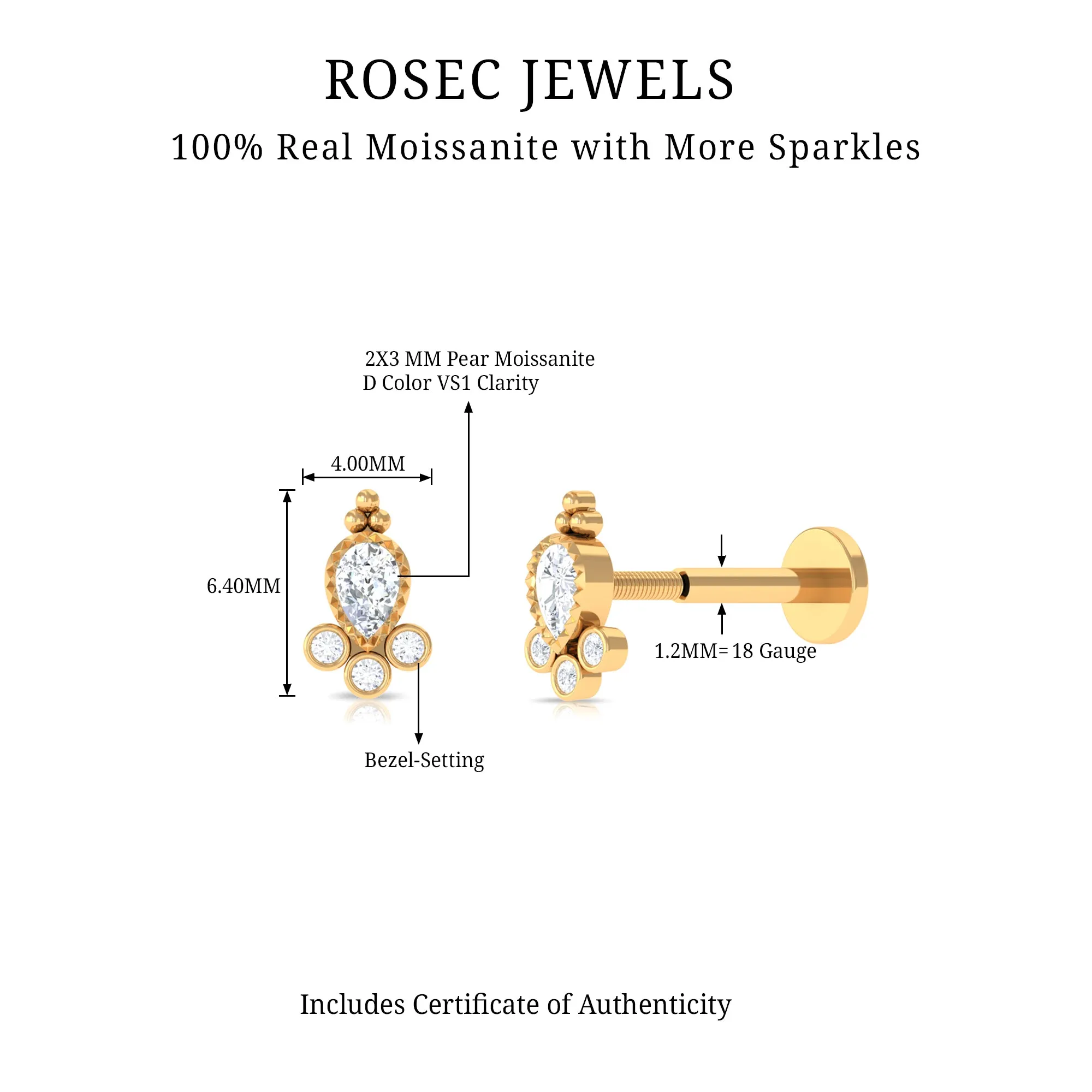 Vintage Style Moissanite Tragus Earring in Bezel Setting