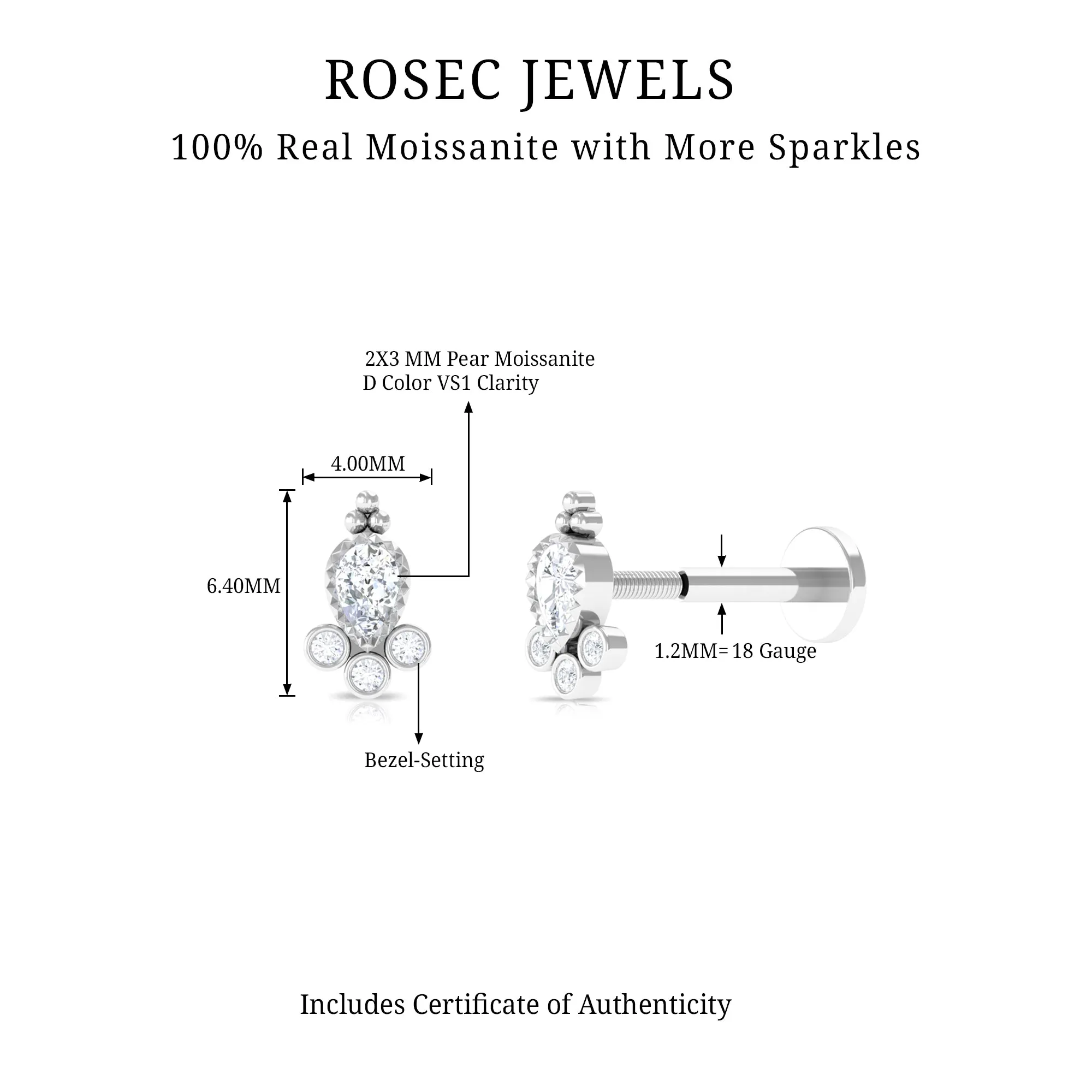 Vintage Style Moissanite Tragus Earring in Bezel Setting