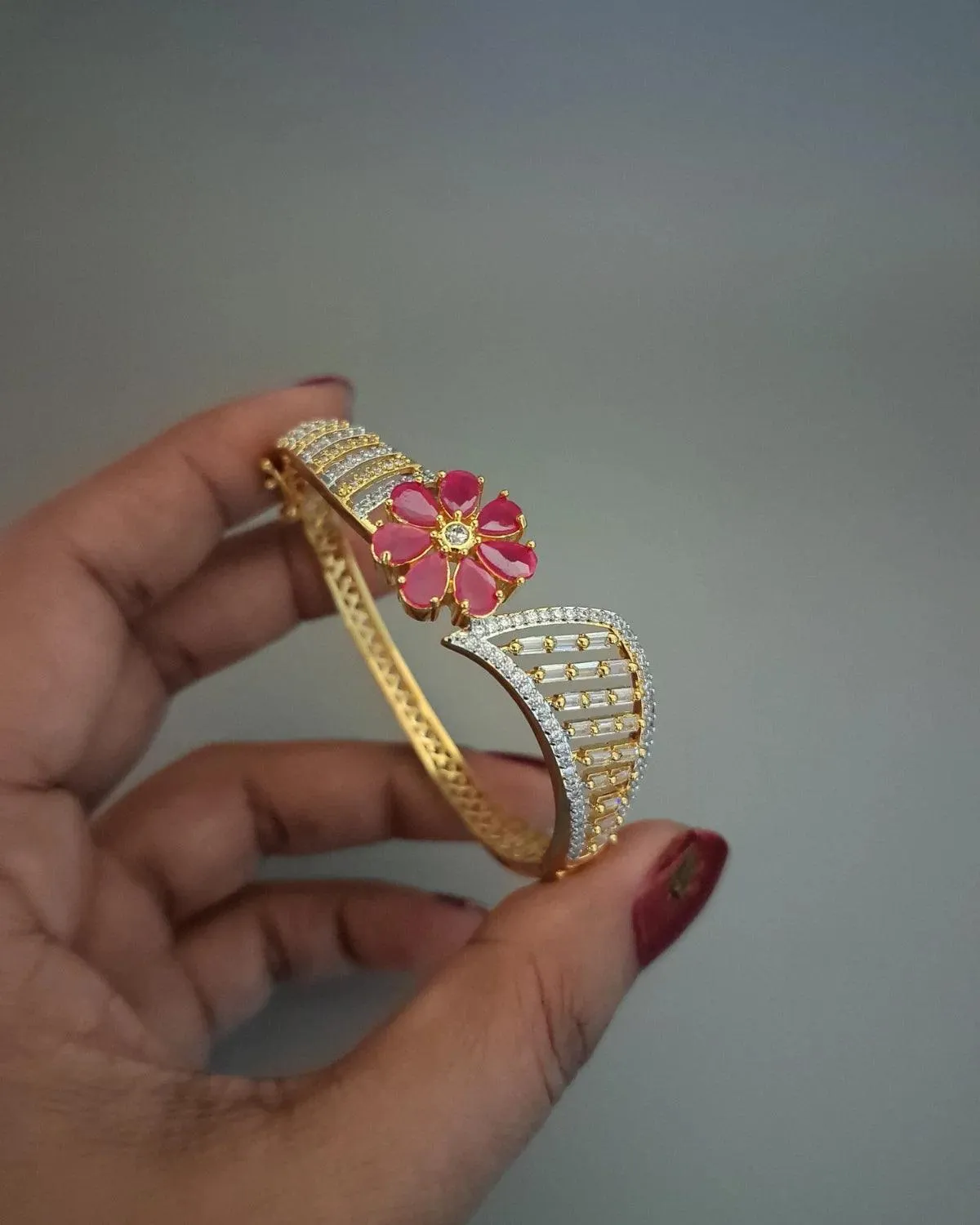 Zevarly Rashmika Ruby Openable Free Size AD Bracelet